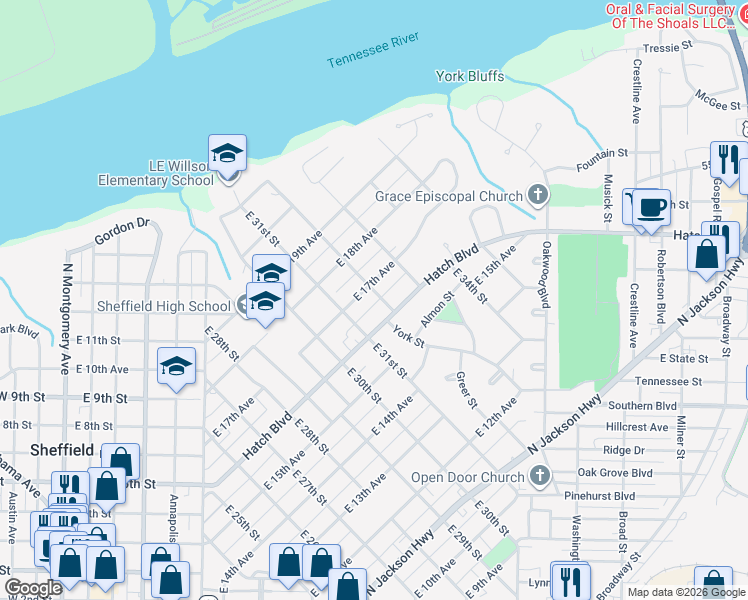 map of restaurants, bars, coffee shops, grocery stores, and more near 1605 East 32nd Street in Sheffield