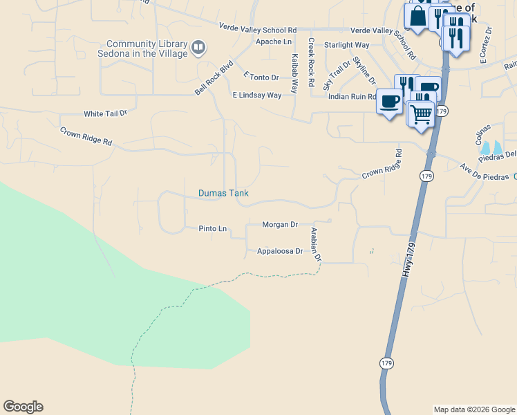 map of restaurants, bars, coffee shops, grocery stores, and more near 140 Morgan Drive in Sedona