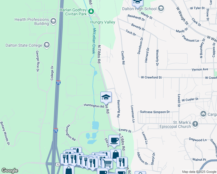 map of restaurants, bars, coffee shops, grocery stores, and more near 100 North Tibbs Road in Dalton