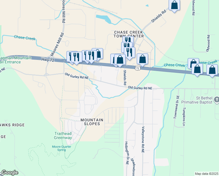 map of restaurants, bars, coffee shops, grocery stores, and more near 303 Old Gurley Road Northeast in Huntsville