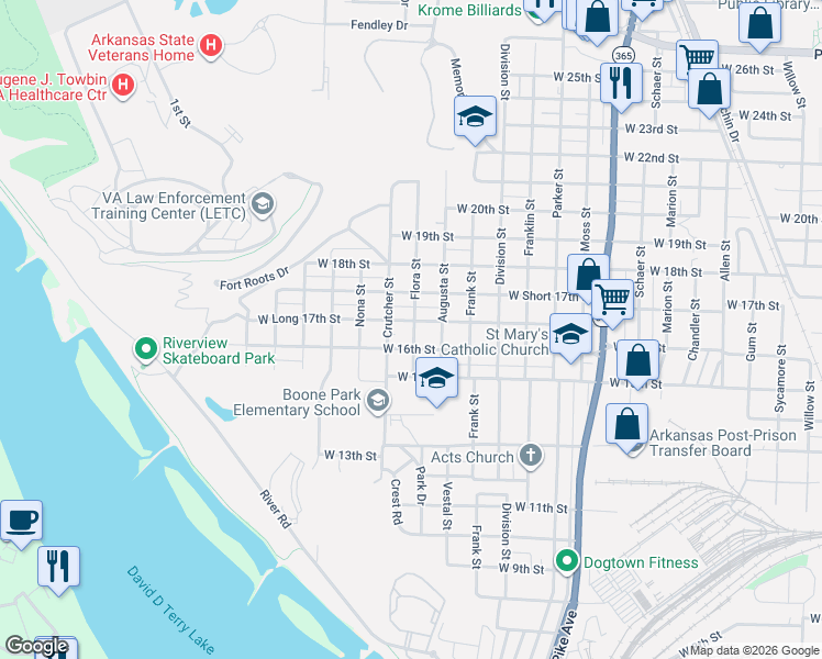 map of restaurants, bars, coffee shops, grocery stores, and more near 1719 West 16th Street in North Little Rock