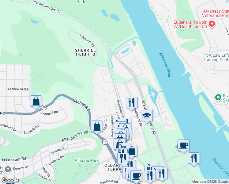map of restaurants, bars, coffee shops, grocery stores, and more near 2000 Rebsamen Park Road in Little Rock