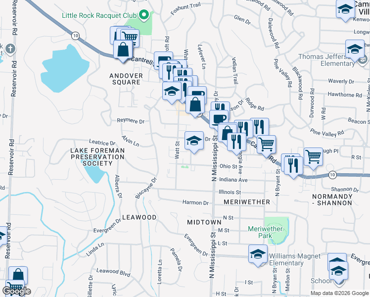 map of restaurants, bars, coffee shops, grocery stores, and more near 7803 Bonnie Brae Road in Little Rock