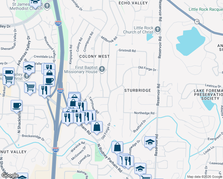 map of restaurants, bars, coffee shops, grocery stores, and more near 8 Buttermilk Road in Little Rock
