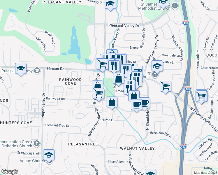 map of restaurants, bars, coffee shops, grocery stores, and more near 24 Wickford Lane in Little Rock