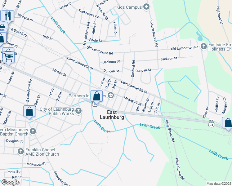 map of restaurants, bars, coffee shops, grocery stores, and more near 28 4th Street in Laurinburg