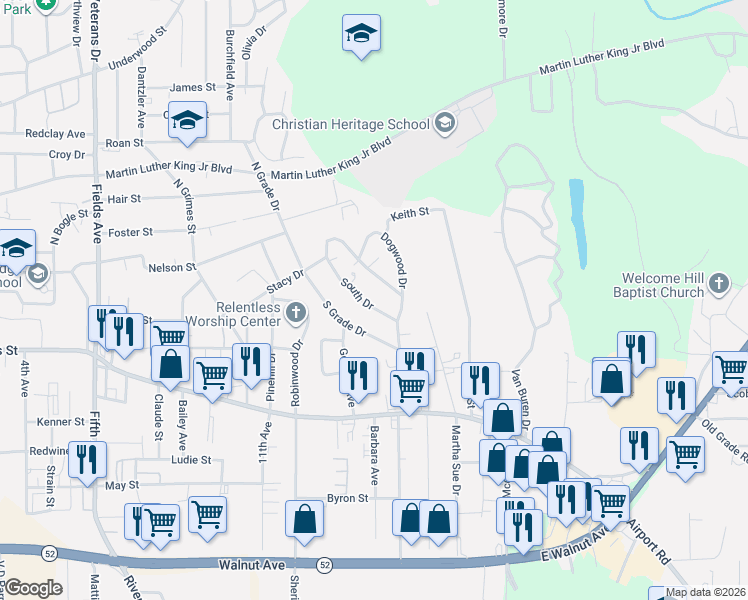map of restaurants, bars, coffee shops, grocery stores, and more near 224 South Drive in Dalton