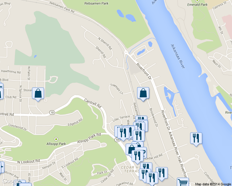 map of restaurants, bars, coffee shops, grocery stores, and more near 2100 Rebsamen Park Road in Little Rock