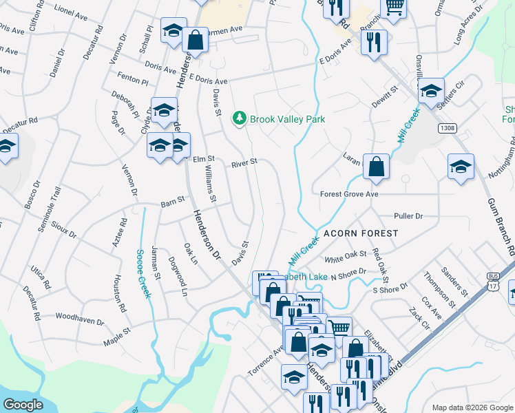 map of restaurants, bars, coffee shops, grocery stores, and more near 1203 Davis Street in Jacksonville