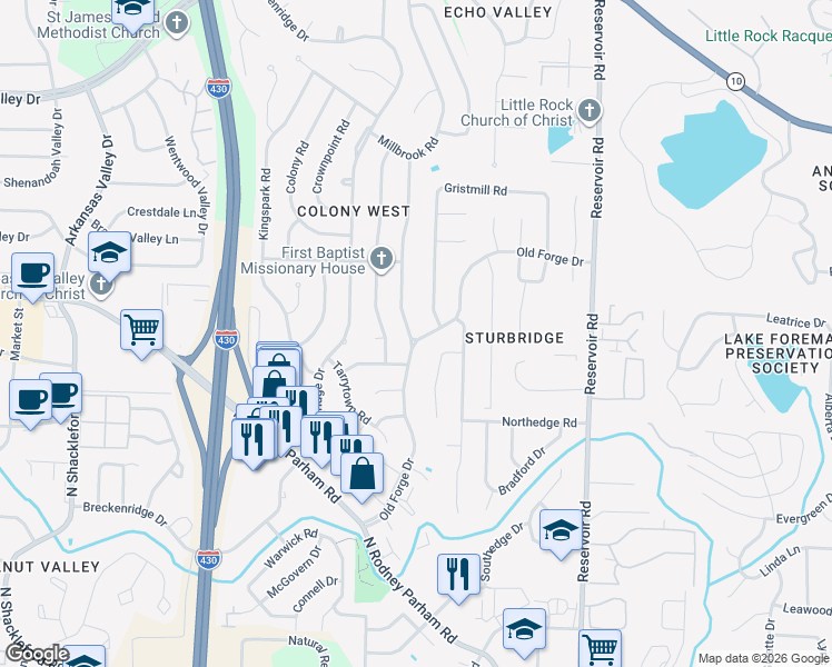 map of restaurants, bars, coffee shops, grocery stores, and more near 8 Buttermilk Road in Little Rock
