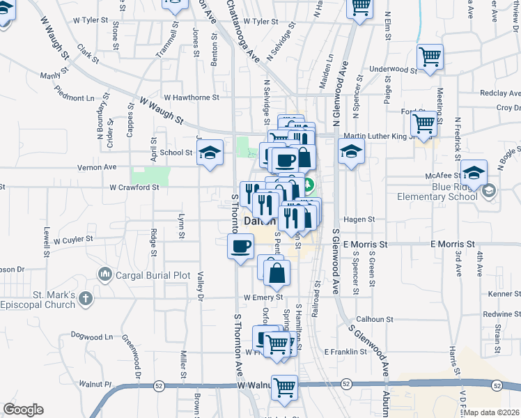 map of restaurants, bars, coffee shops, grocery stores, and more near 211 West Gordon Street in Dalton