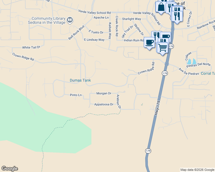 map of restaurants, bars, coffee shops, grocery stores, and more near 100 Morgan Drive in Sedona