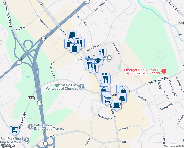 map of restaurants, bars, coffee shops, grocery stores, and more near 421 Western Boulevard in Jacksonville
