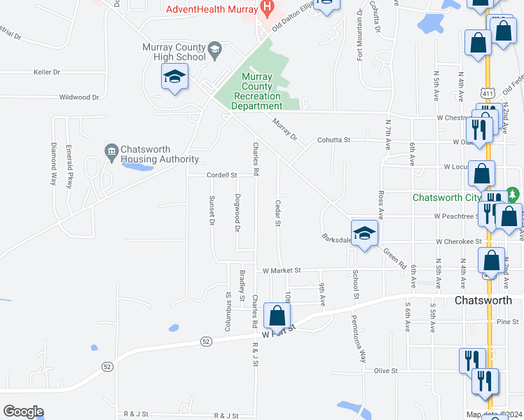 map of restaurants, bars, coffee shops, grocery stores, and more near 224 Cedar Street in Chatsworth