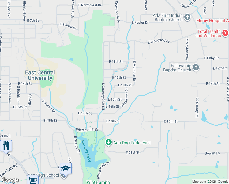 map of restaurants, bars, coffee shops, grocery stores, and more near 1900 East 14th Street in Ada
