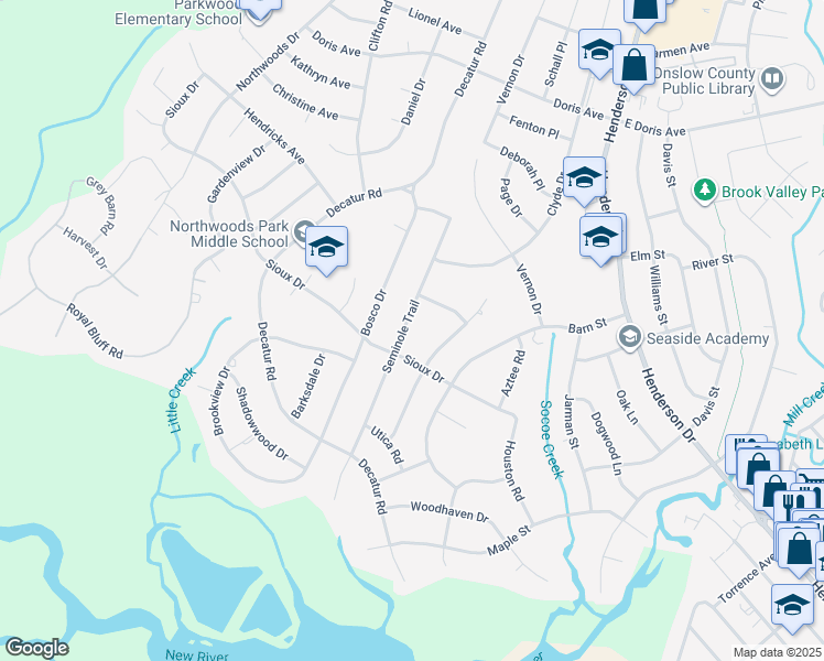 map of restaurants, bars, coffee shops, grocery stores, and more near 506 Seminole Trail in Jacksonville