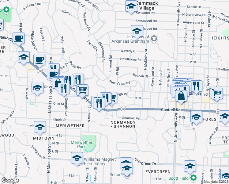 map of restaurants, bars, coffee shops, grocery stores, and more near 6700 Kavanaugh Place in Little Rock