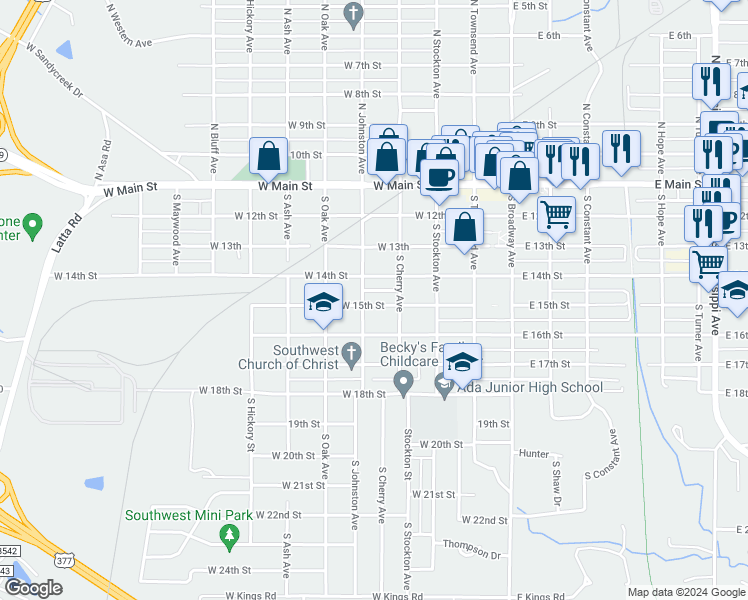 map of restaurants, bars, coffee shops, grocery stores, and more near 426 West 15th Street in Ada