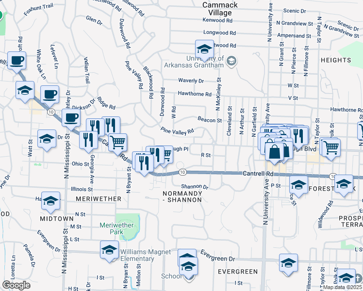map of restaurants, bars, coffee shops, grocery stores, and more near 6523 R Street in Little Rock