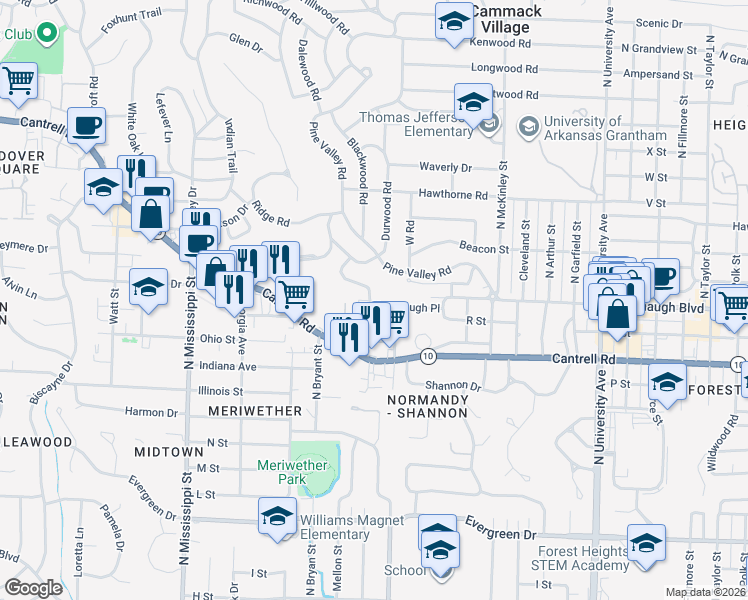 map of restaurants, bars, coffee shops, grocery stores, and more near 6725 Kavanaugh Place in Little Rock