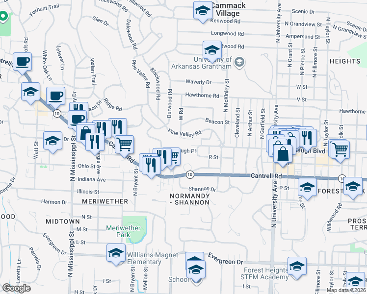 map of restaurants, bars, coffee shops, grocery stores, and more near 6623 Kavanaugh Place in Little Rock