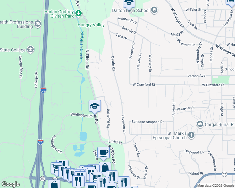 map of restaurants, bars, coffee shops, grocery stores, and more near 432 Castle Road in Dalton