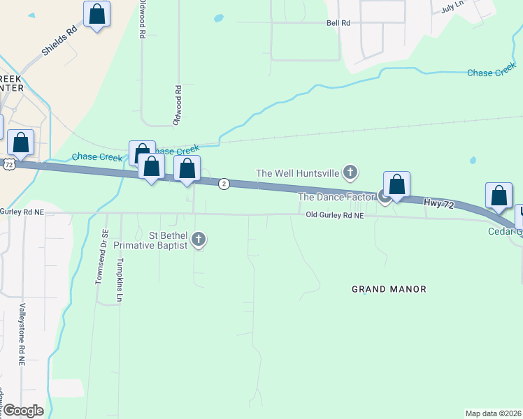map of restaurants, bars, coffee shops, grocery stores, and more near 111 Hillside Road in Huntsville