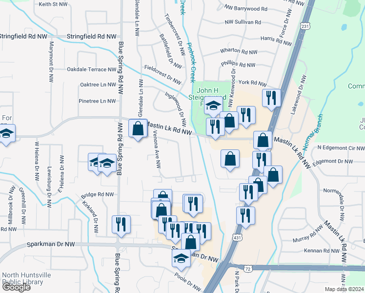 map of restaurants, bars, coffee shops, grocery stores, and more near 3413 Glen Park Drive Northwest in Huntsville