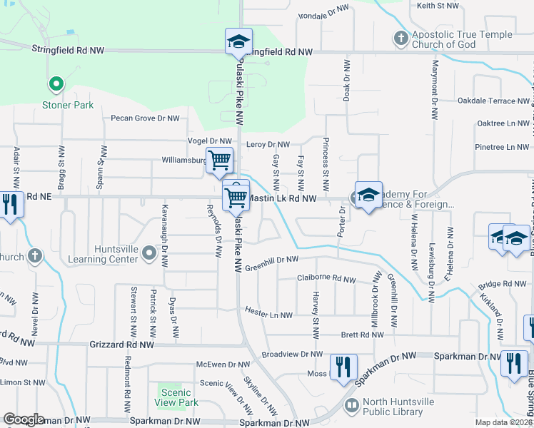 map of restaurants, bars, coffee shops, grocery stores, and more near 2907 Ford Place Northwest in Huntsville
