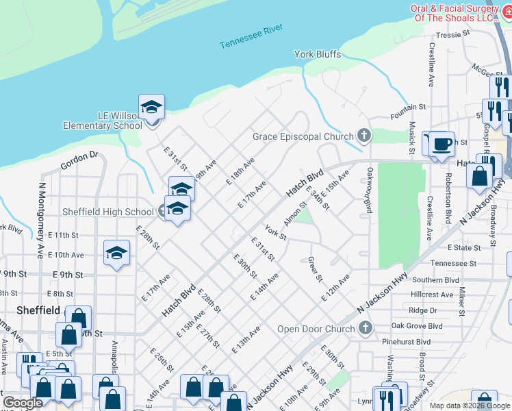 map of restaurants, bars, coffee shops, grocery stores, and more near 1605 East 32nd Street in Sheffield
