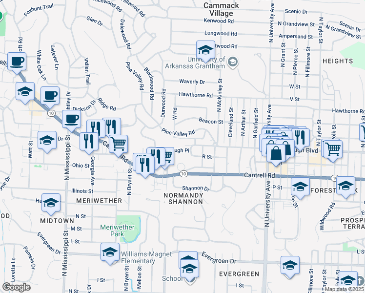 map of restaurants, bars, coffee shops, grocery stores, and more near 6523 R Street in Little Rock