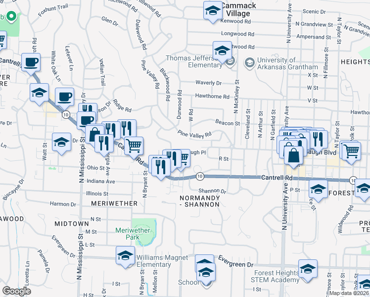 map of restaurants, bars, coffee shops, grocery stores, and more near 6623 Kavanaugh Place in Little Rock