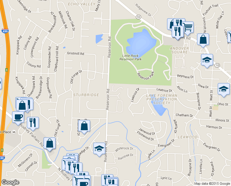 map of restaurants, bars, coffee shops, grocery stores, and more near 11 Meredith Court in Little Rock
