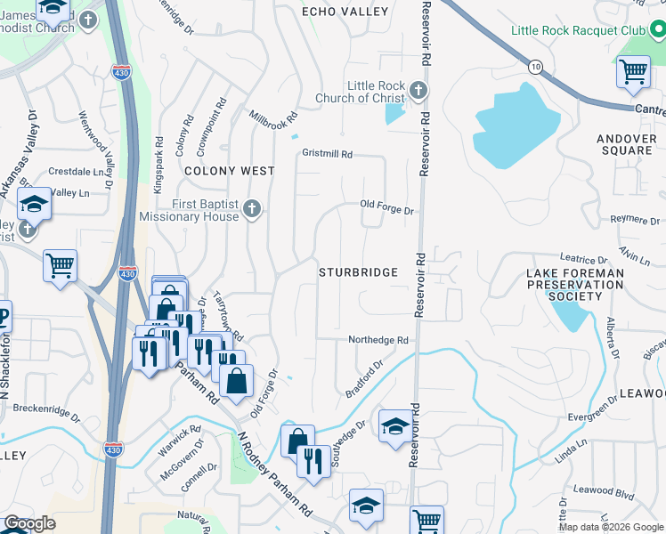 map of restaurants, bars, coffee shops, grocery stores, and more near 7 Coachlight Drive in Little Rock