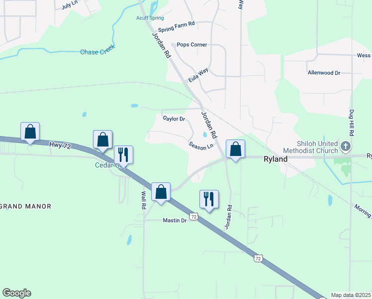 map of restaurants, bars, coffee shops, grocery stores, and more near 110 Season Lane in Huntsville
