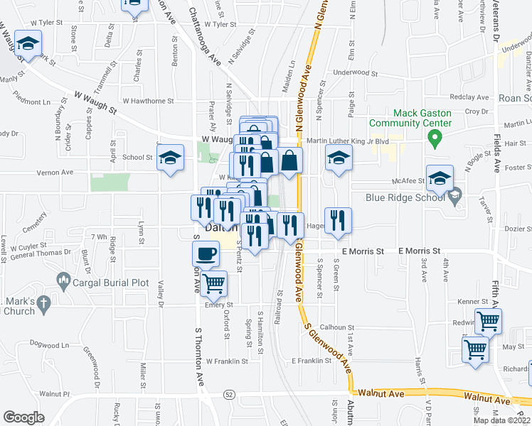 map of restaurants, bars, coffee shops, grocery stores, and more near 305 South Depot Street in Dalton