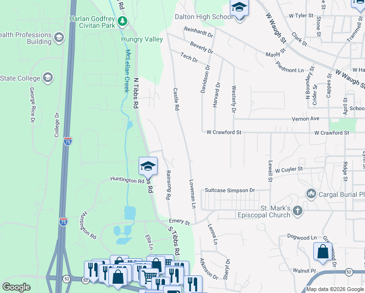 map of restaurants, bars, coffee shops, grocery stores, and more near 432 Castle Road in Dalton