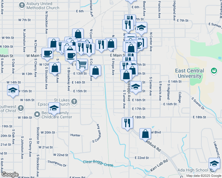map of restaurants, bars, coffee shops, grocery stores, and more near 501 East 15th Street in Ada