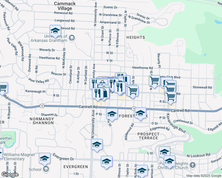 map of restaurants, bars, coffee shops, grocery stores, and more near 5805 Kavanaugh Boulevard in Little Rock