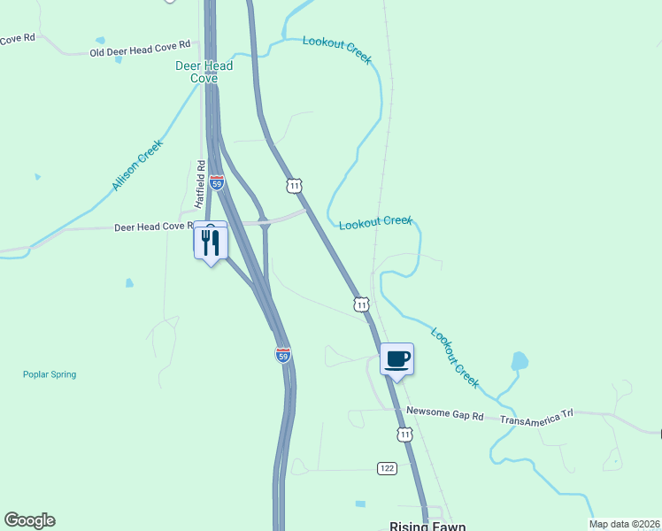map of restaurants, bars, coffee shops, grocery stores, and more near 4775 U.S. 11 in Rising Fawn