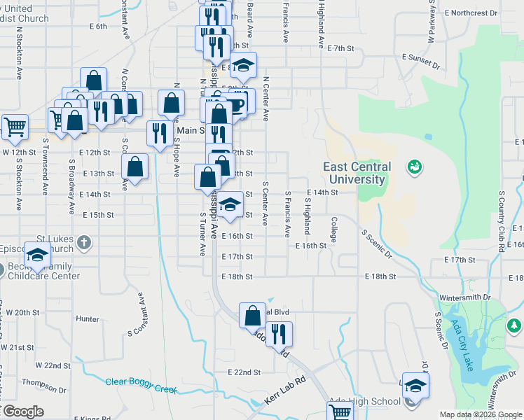 map of restaurants, bars, coffee shops, grocery stores, and more near 830 East 15th Street in Ada
