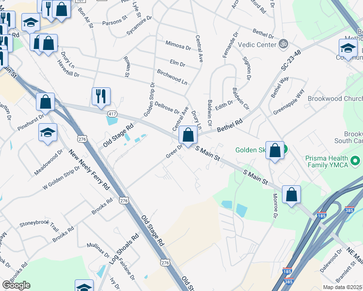 map of restaurants, bars, coffee shops, grocery stores, and more near 419 Greer Drive in Simpsonville