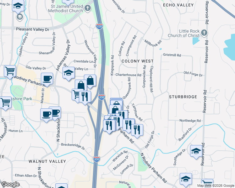 map of restaurants, bars, coffee shops, grocery stores, and more near 1420 Breckenridge Drive in Little Rock