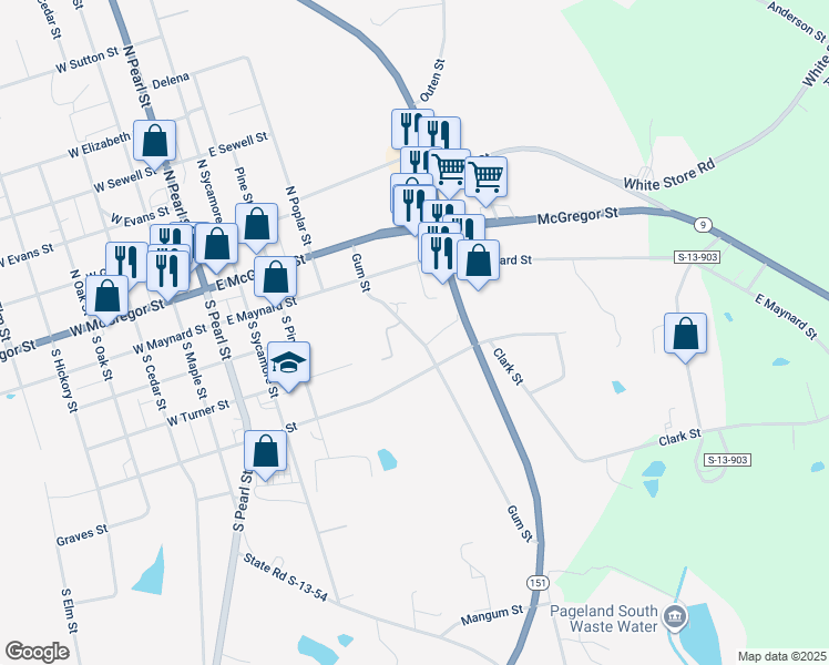 map of restaurants, bars, coffee shops, grocery stores, and more near 406 Gum Street in Pageland