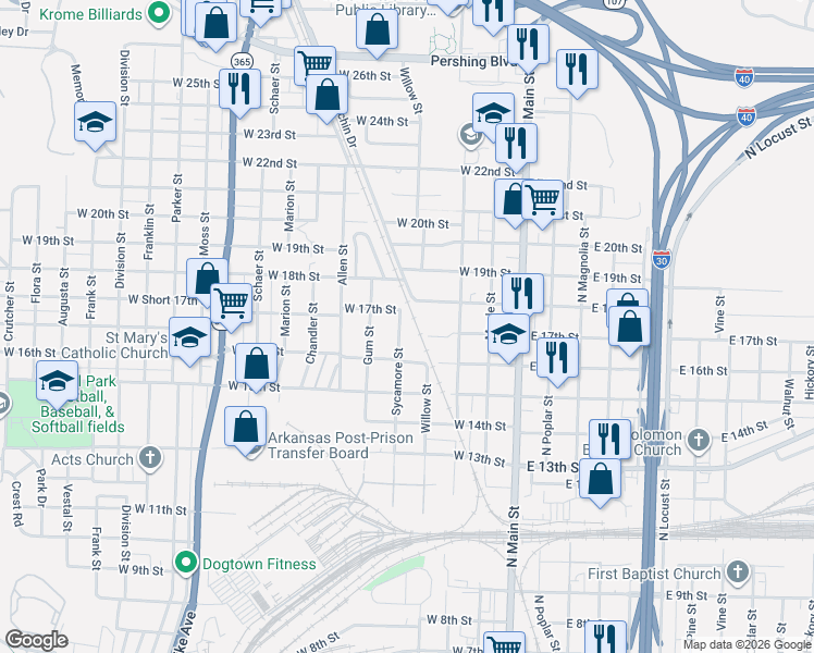 map of restaurants, bars, coffee shops, grocery stores, and more near 320 West 17th Street in North Little Rock