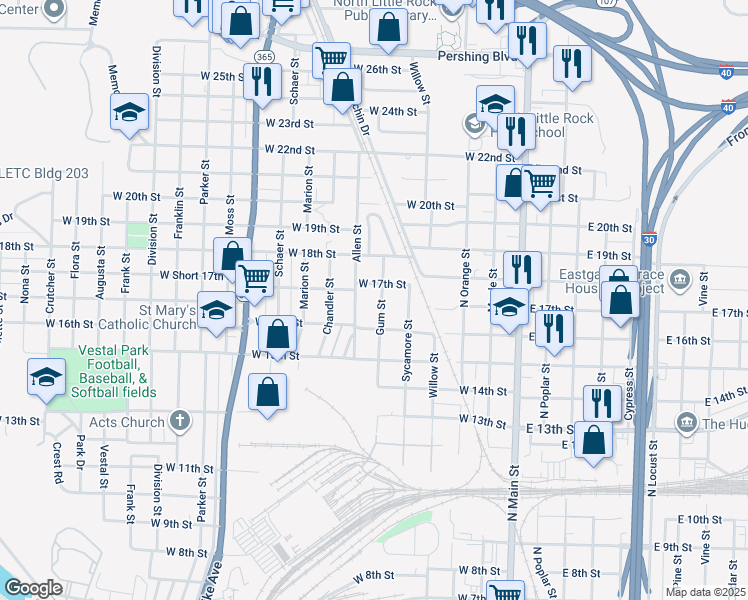 map of restaurants, bars, coffee shops, grocery stores, and more near 1606 Allen Street in North Little Rock