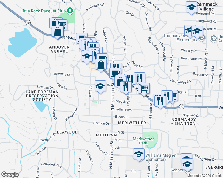 map of restaurants, bars, coffee shops, grocery stores, and more near 7575 Cantrell Road in Little Rock