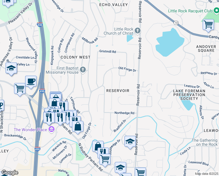 map of restaurants, bars, coffee shops, grocery stores, and more near 7 Coachlight Drive in Little Rock