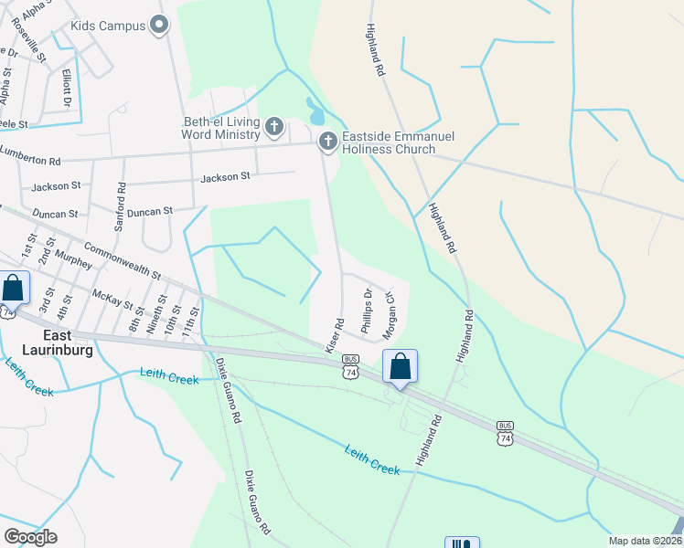 map of restaurants, bars, coffee shops, grocery stores, and more near 14324 Kiser Road in Laurinburg