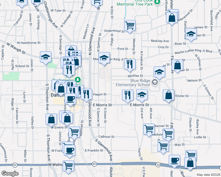 map of restaurants, bars, coffee shops, grocery stores, and more near 403 Hagen Street in Dalton
